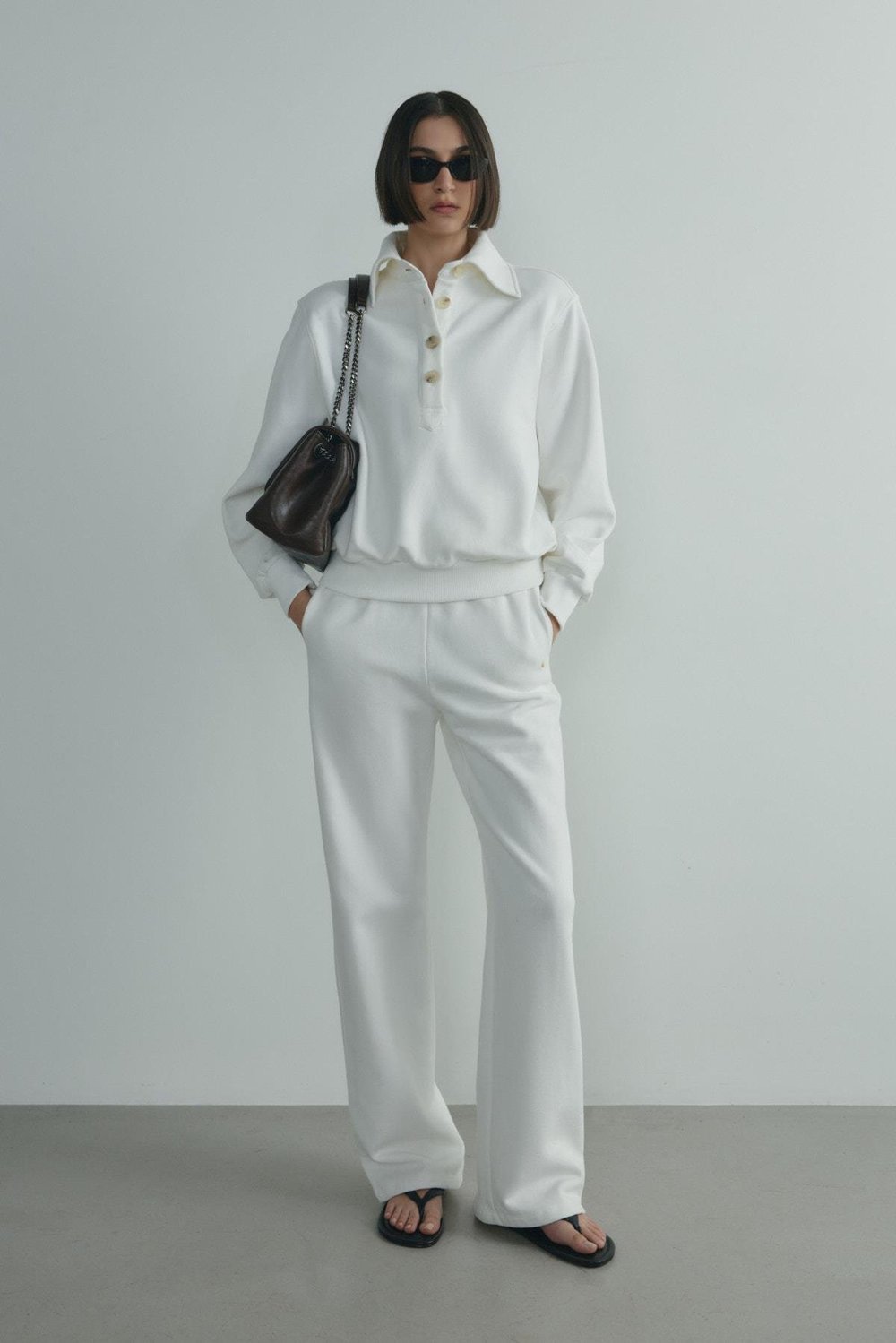 Ekru Polo Yaka Düğmeli Sweatshirt