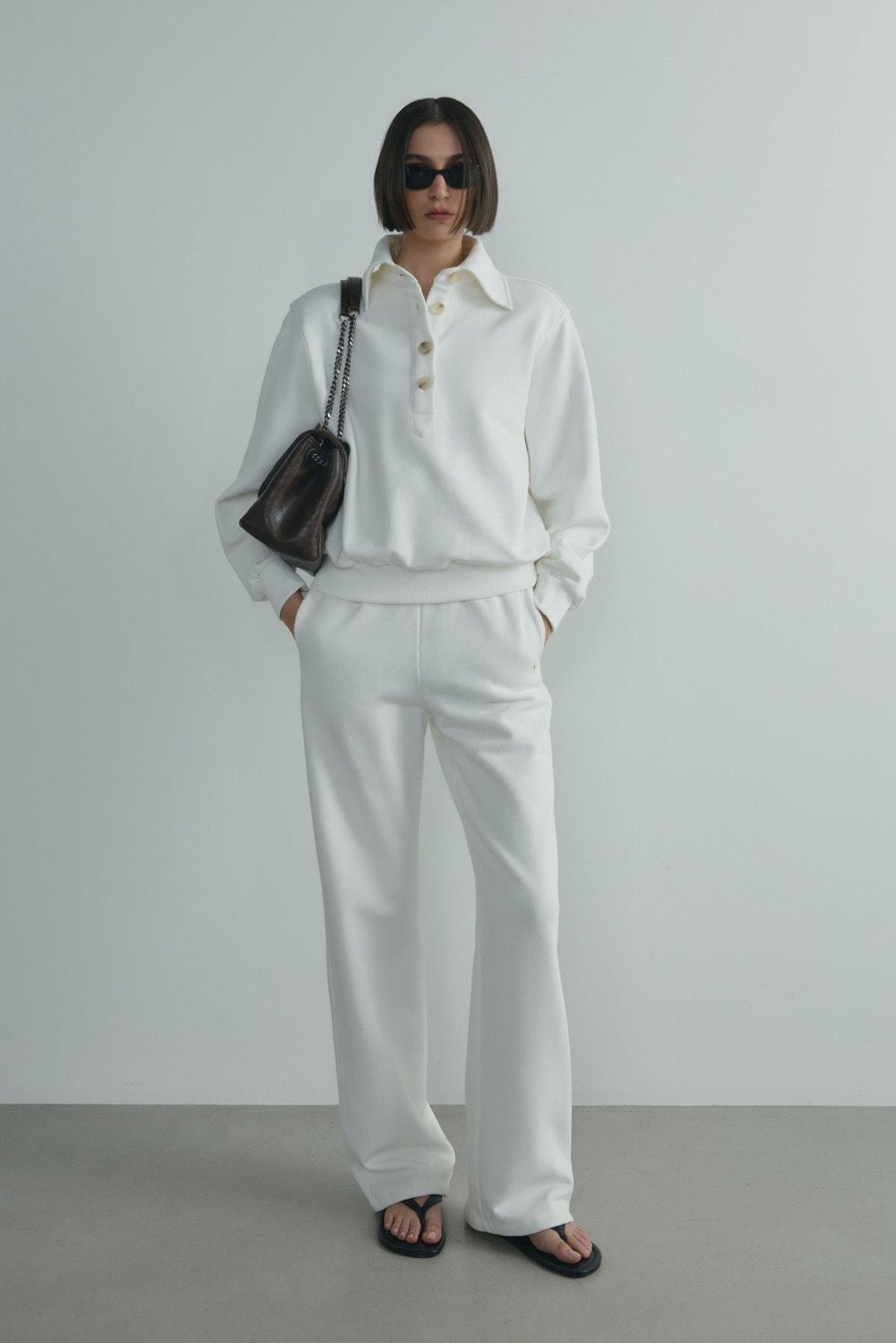 Ekru Polo Yaka Düğmeli Sweatshirt