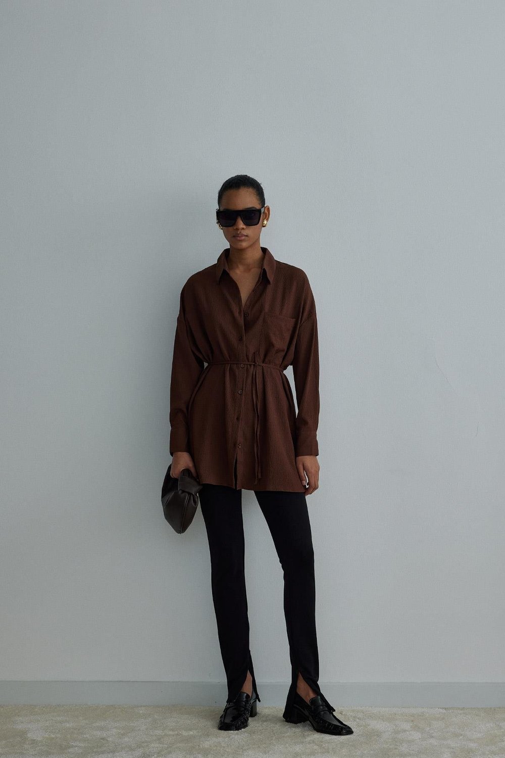 Kahverengi Cepli Oversize Gömlek