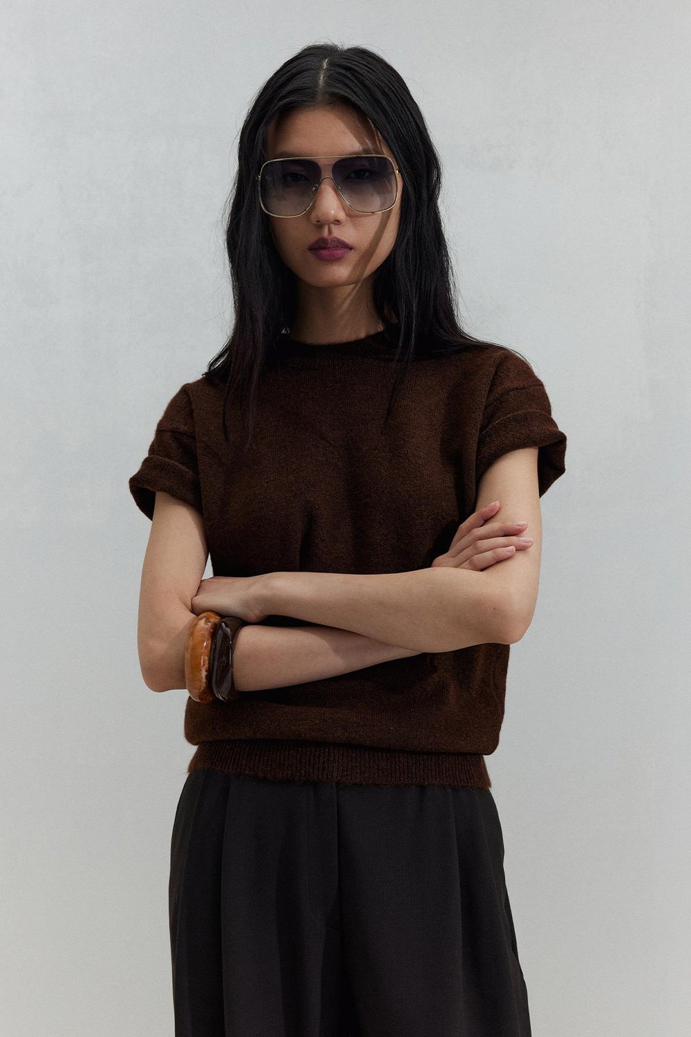 Kahverengi Robe Kısa Kollu Kazak