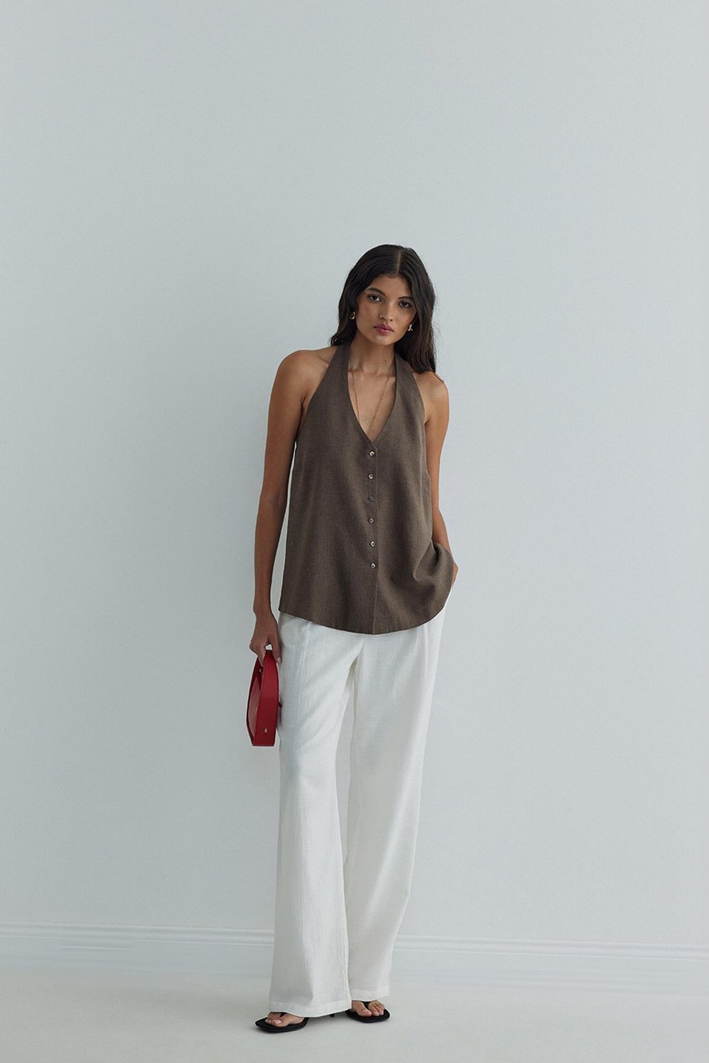 Kahverengi Serena Bağlamalı Keten Yelek Bluz