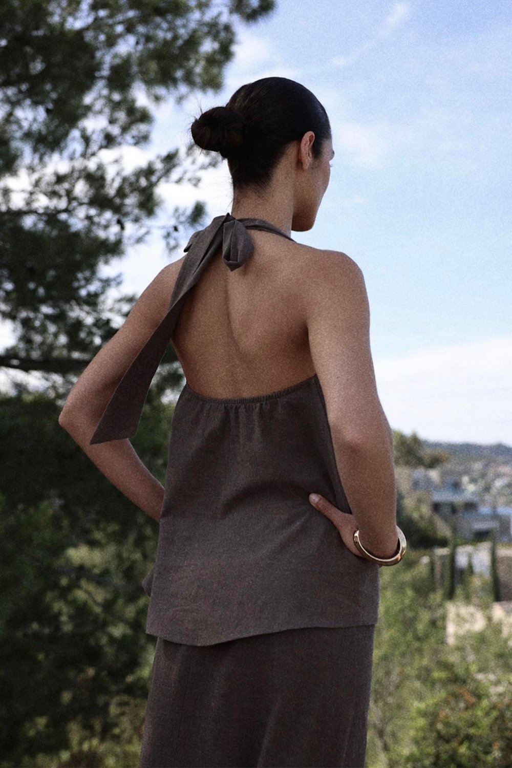 Kahverengi Serena Bağlamalı Keten Yelek Bluz