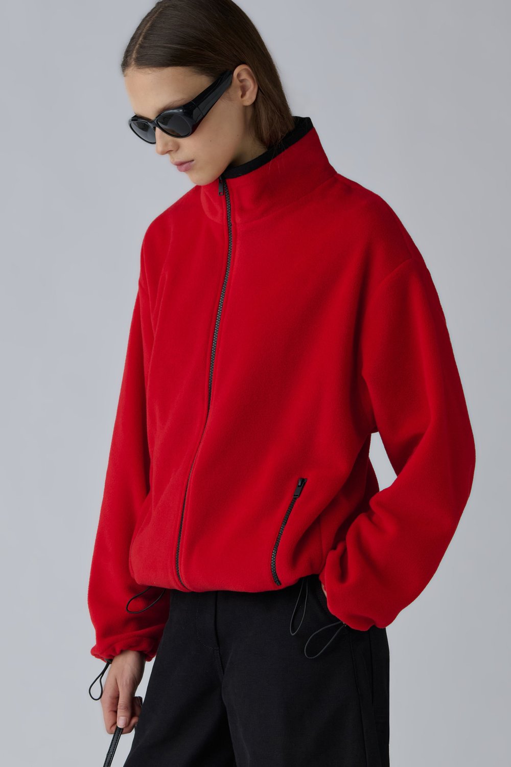 Kırmızı Anu Oversize Fermuarlı Polar Hırka