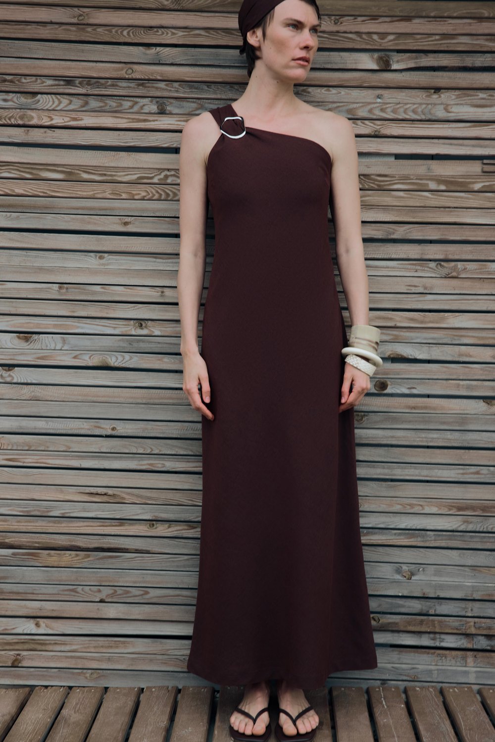 Koyu Kahve Abel Tek Omuzlu Keten Elbise