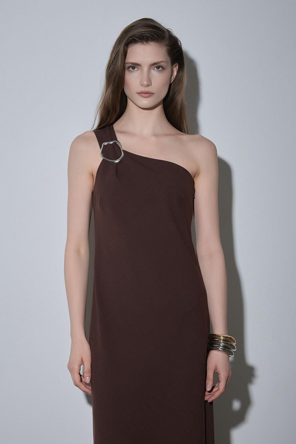 Koyu Kahve Abel Tek Omuzlu Keten Elbise