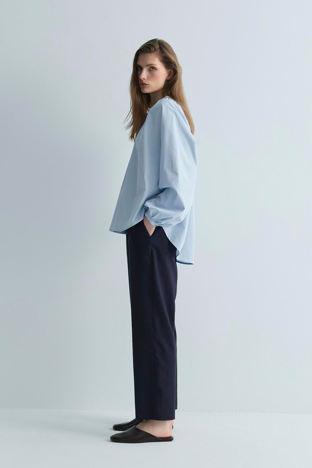 Lacivert Zoe Beli Lastikli Keten Pantolon