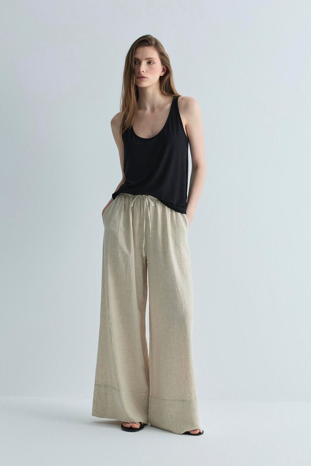 Natürel Serin Palazzo Keten Pantolon