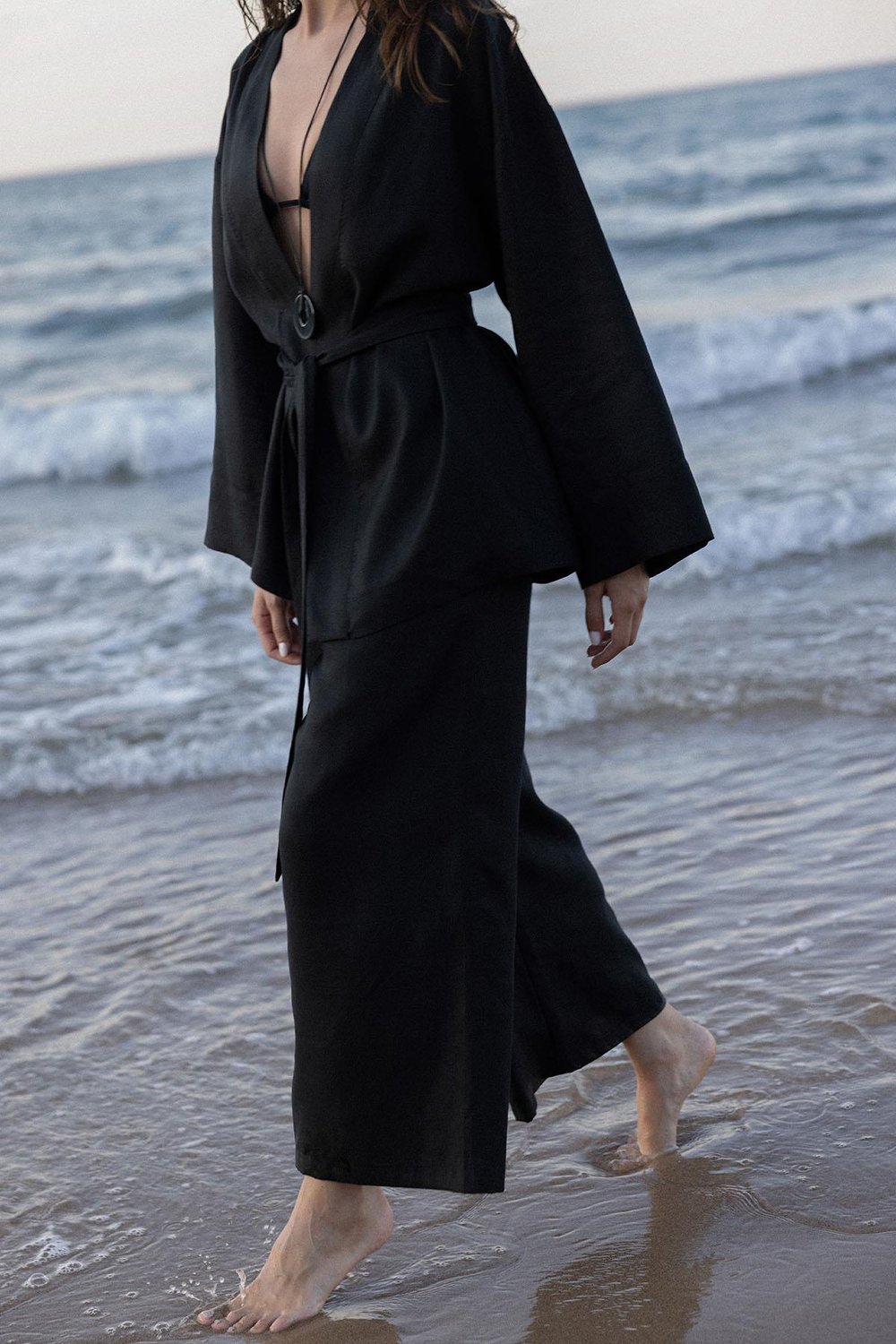 Siyah %100 Keten Eleni Culotte Pantolon