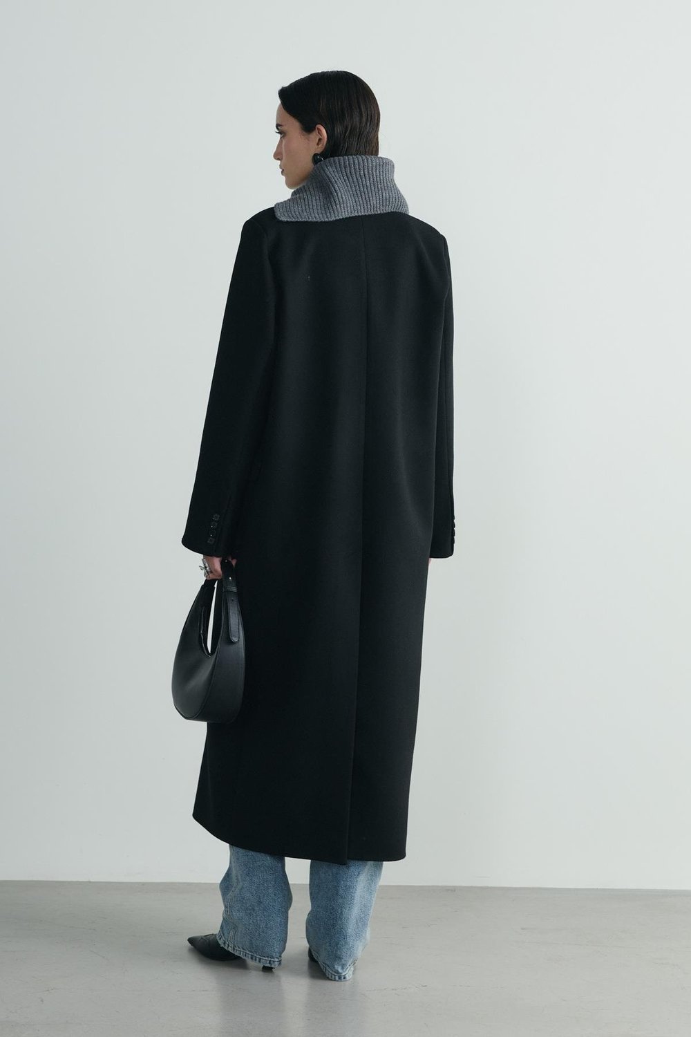 Siyah Ari Kruvaze Maxi Kaşe Kaban