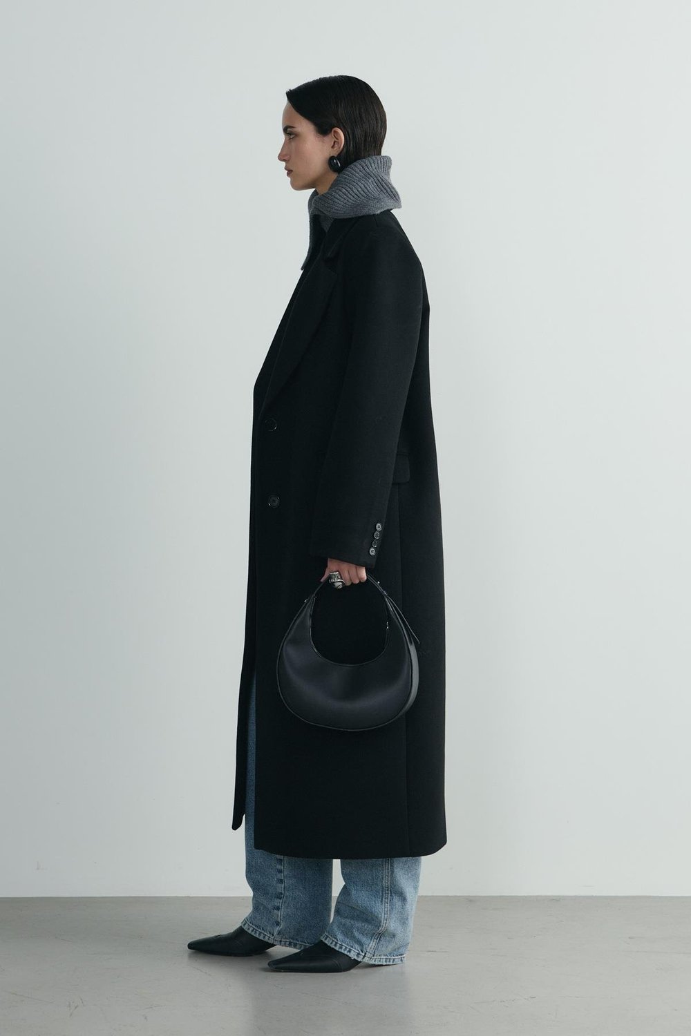 Siyah Ari Kruvaze Maxi Kaşe Kaban