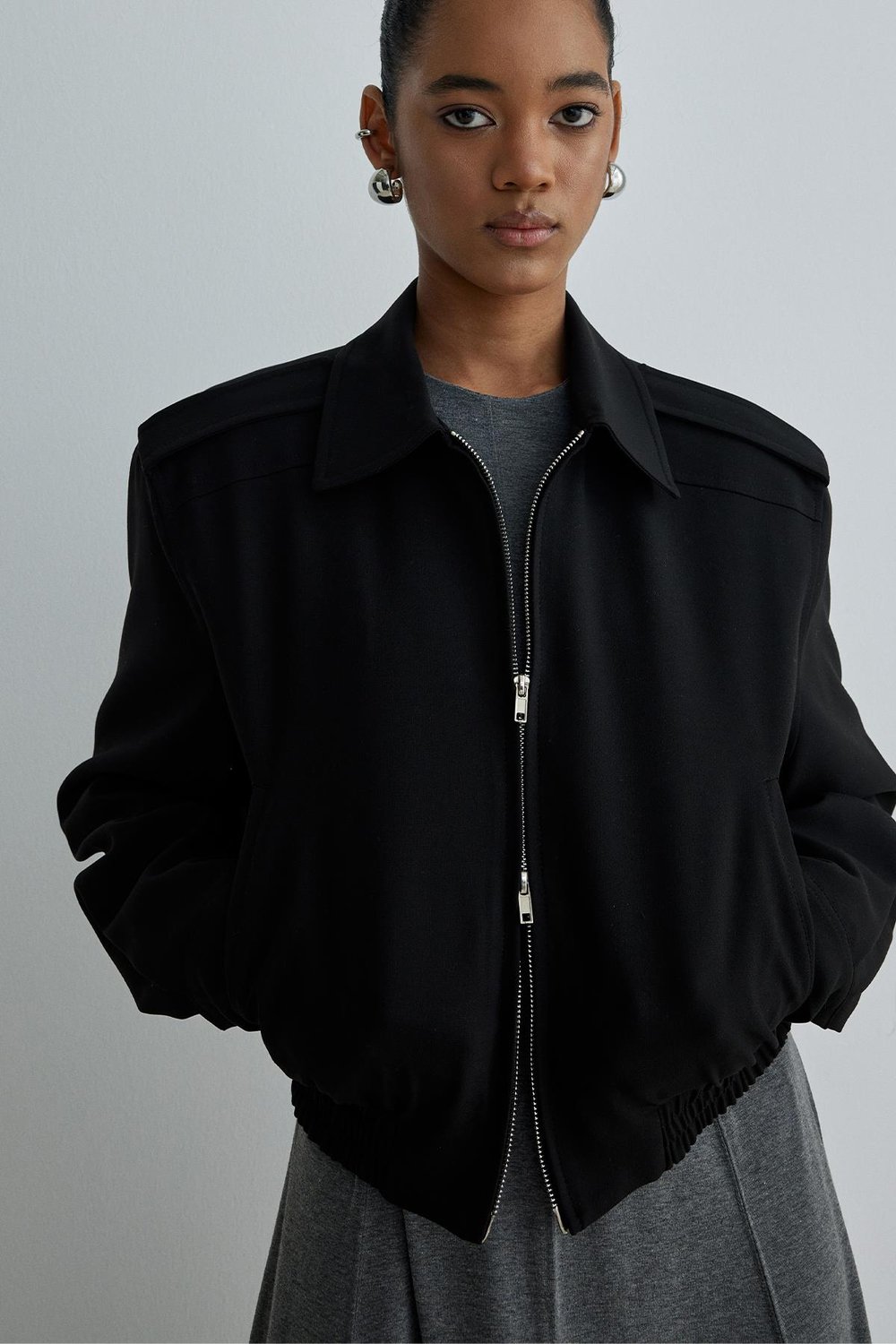 Siyah Cooper Crop Bomber Ceket