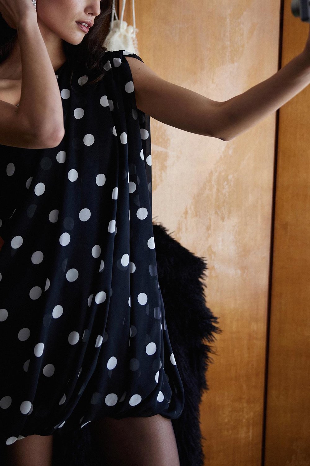 Siyah Puantiyeli Mini Balon Elbise