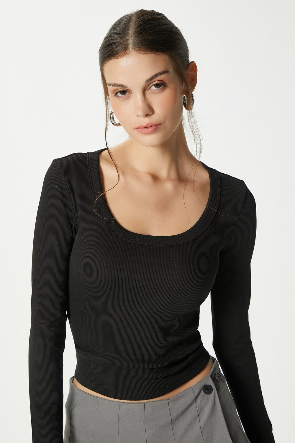 Kadın Anita Tok Doku Pamuklu Fittili Siyah Basic Bluz