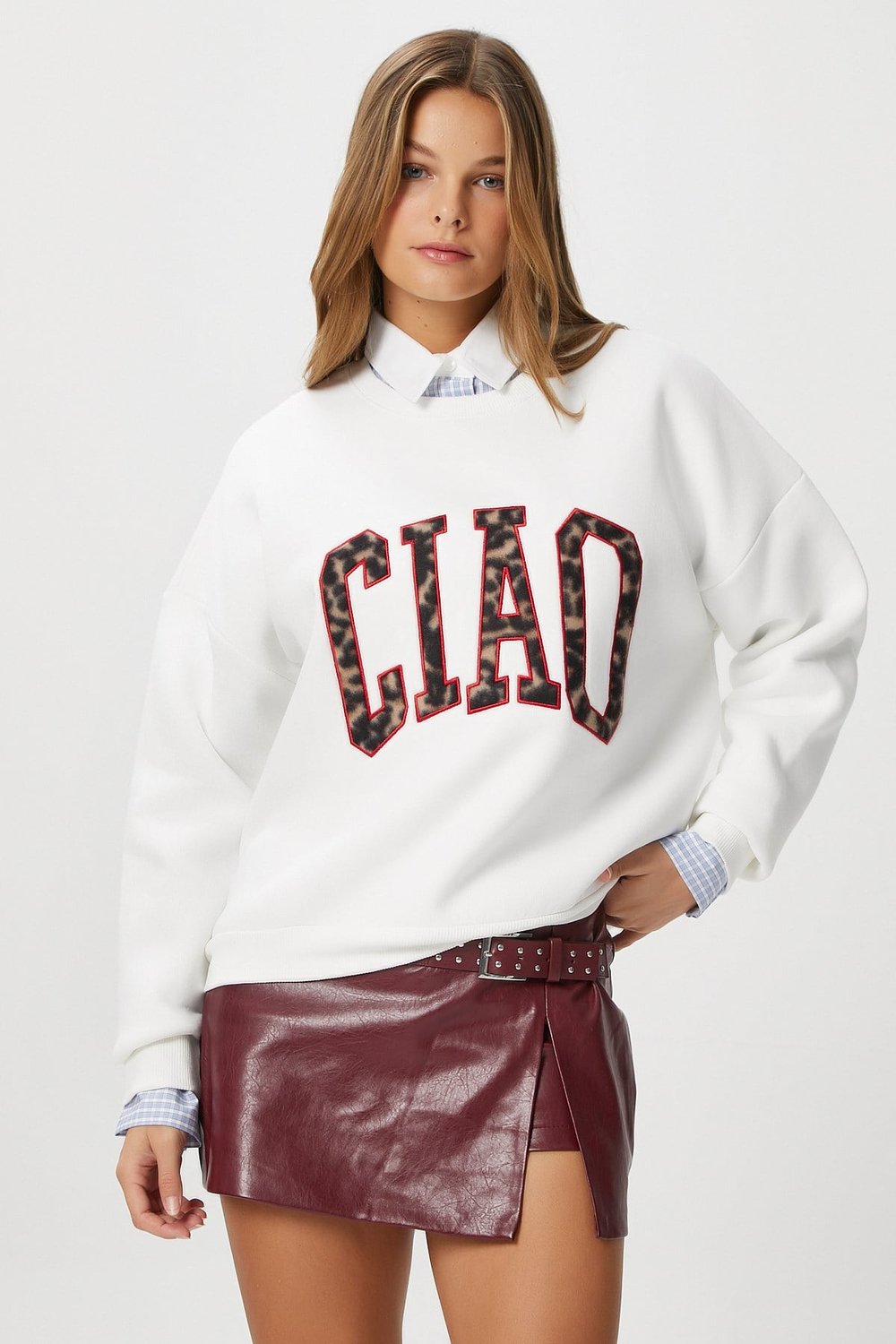 Kadın Ciao Nakışlı İçi Polarlı Leopar Ekru Oversize Seeatshirt