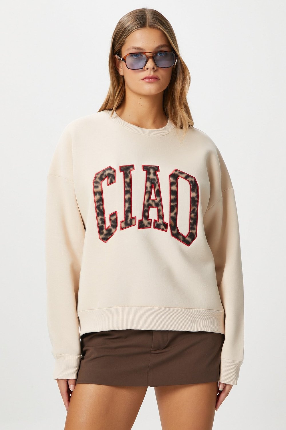 Kadın Ciao Nakışlı İçi Polarlı Leopar Bej Oversize Sweatshirt