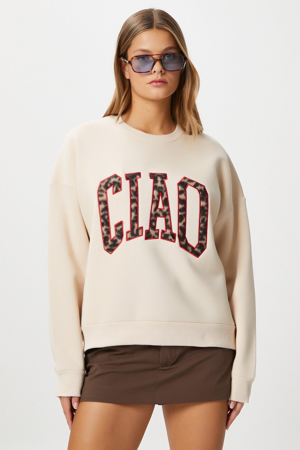 Kadın Ciao Nakışlı İçi Polarlı Leopar Bej Oversize Sweatshirt