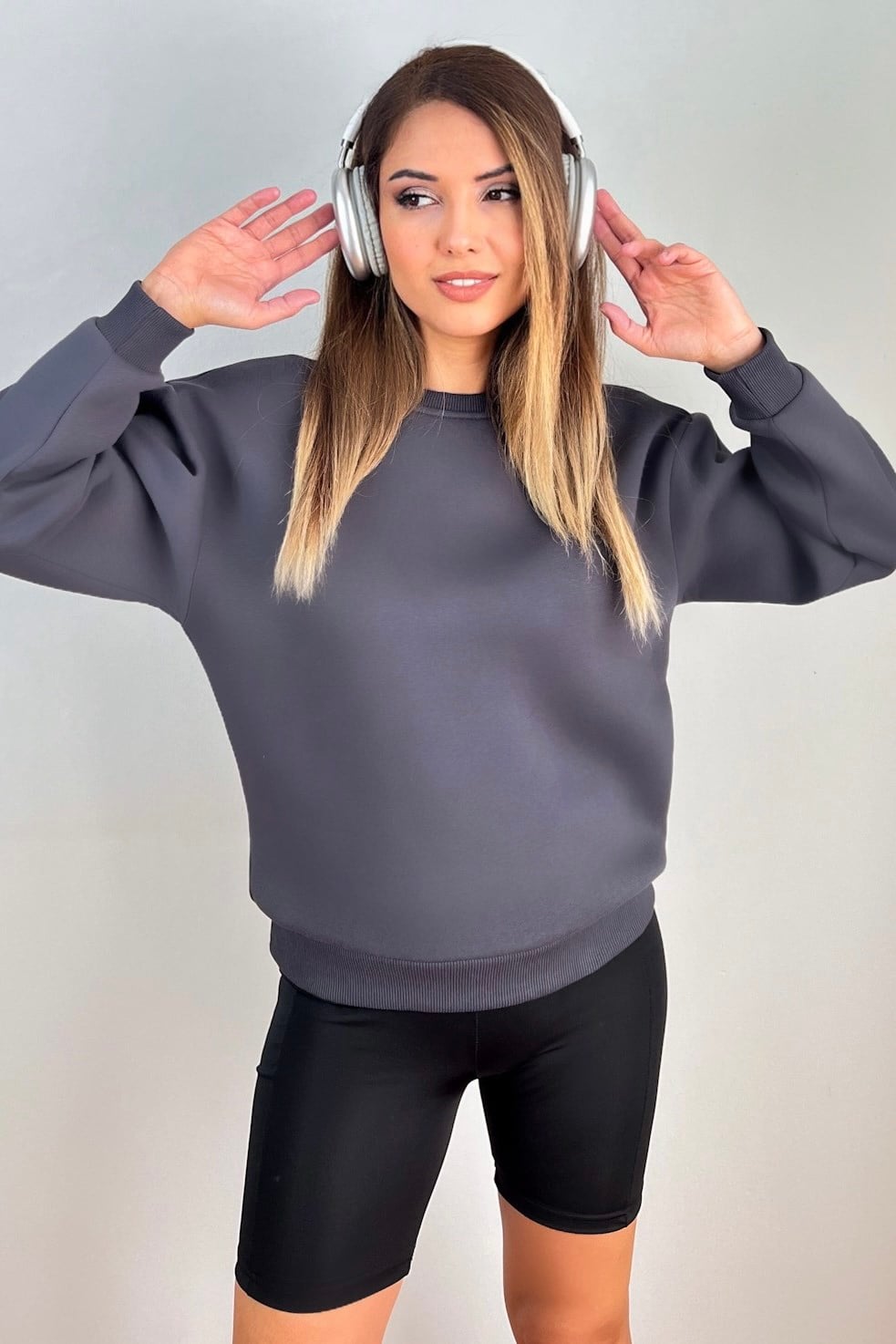 Kadın Cozy İçi Polarlı Füme Basic Bisiklet Yaka Pamuklu Kalın Örme Sweatshirt