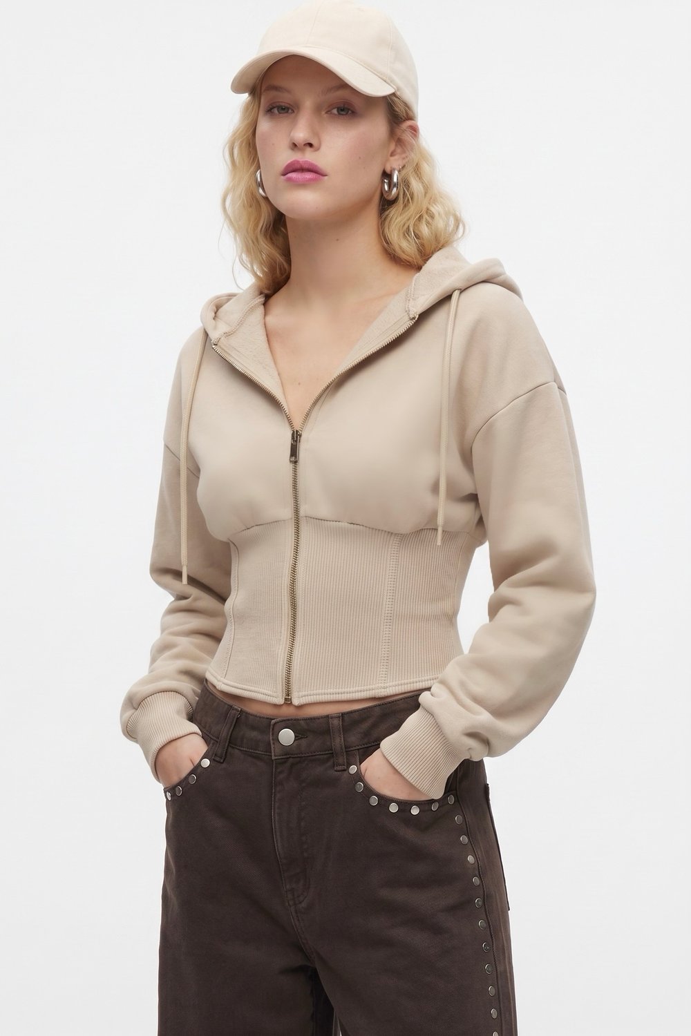 Kadın Crew Korseli Slim Kalıp Bej Kapüşonlu Sweatshirt