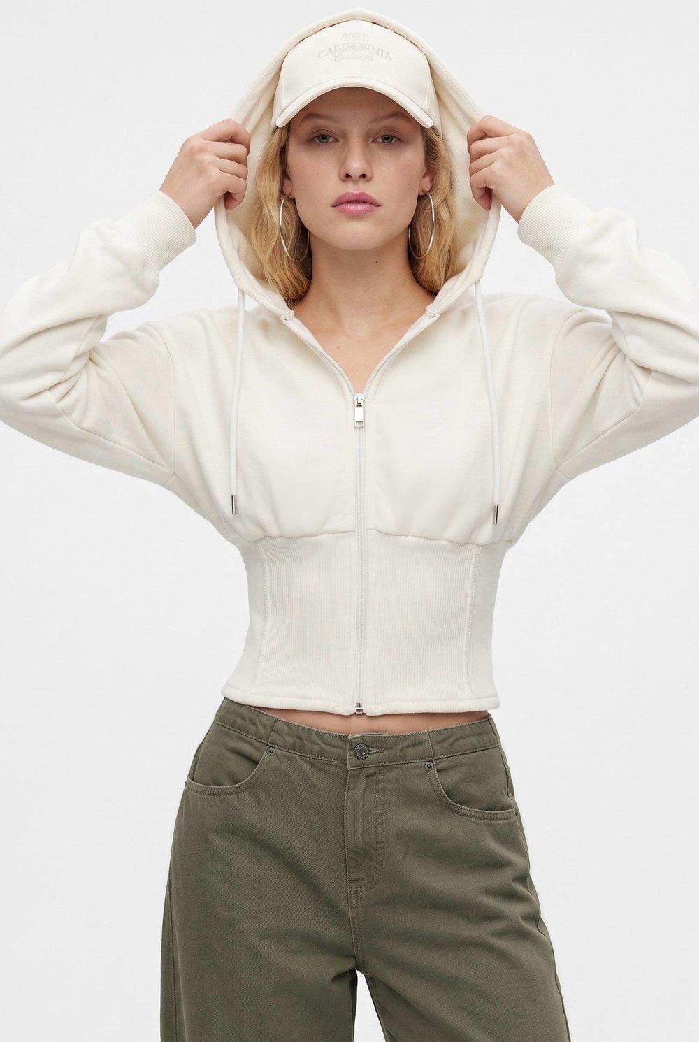 Kadın Crew Korseli Slim Kalıp Ekru Kapüşonlu Sweatshirt
