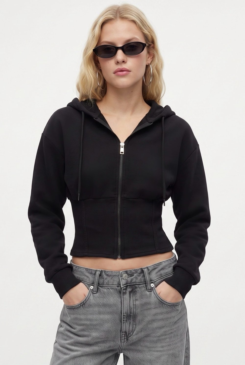 Kadın Crew Korseli Slim Kalıp Siyah Kapüşonlu Sweatshirt