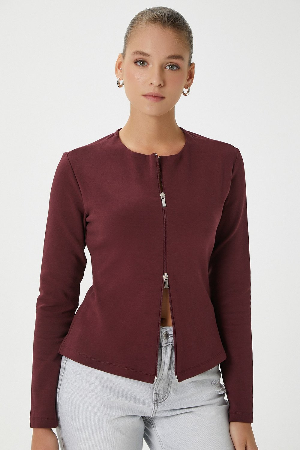 Kadın Dean Premium Çift Taraf Fermuarlı Bordo Bluz