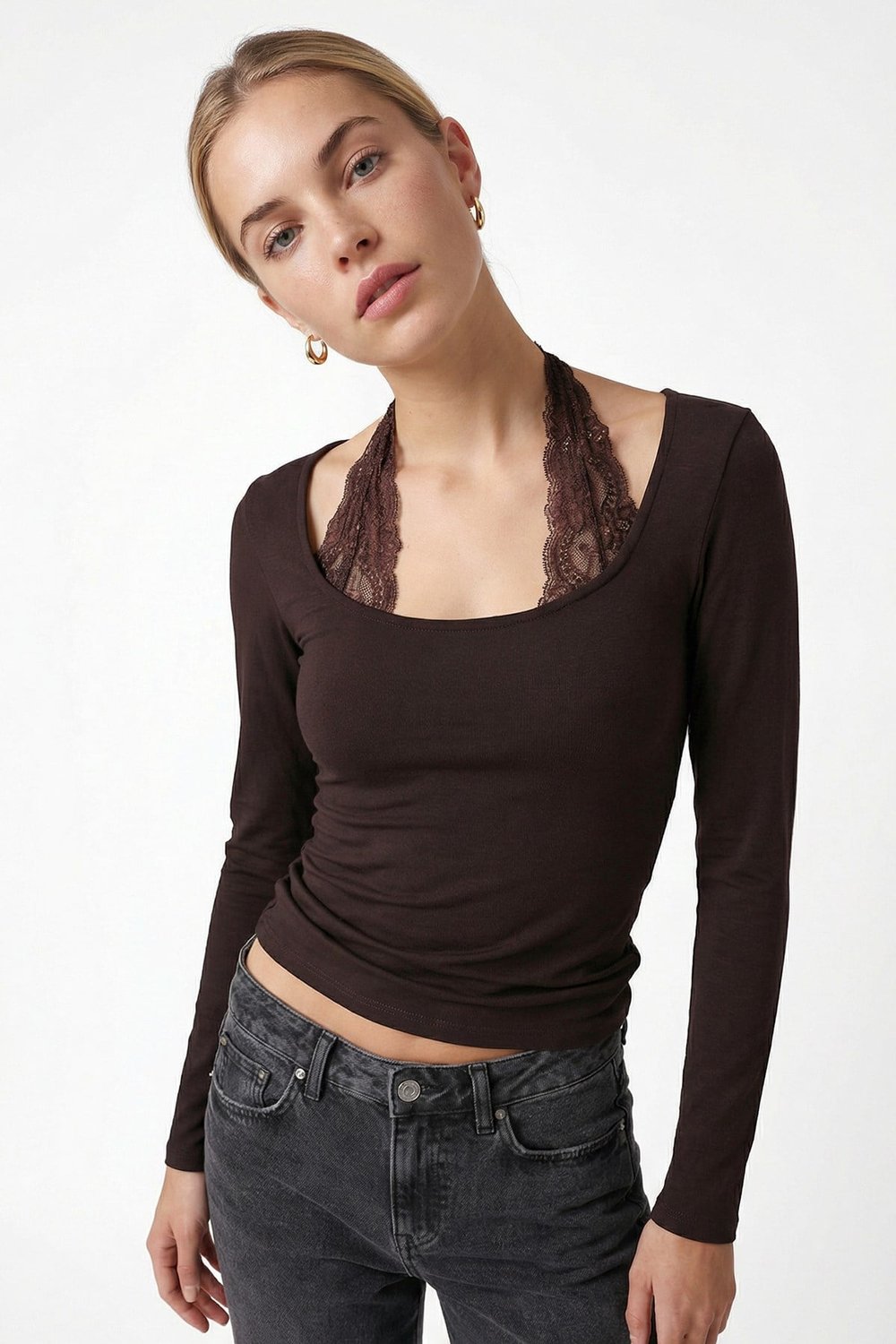 Kadın Emma Dantel Detaylı Uzun Kollu Kahverengi Basic Top / Bluz