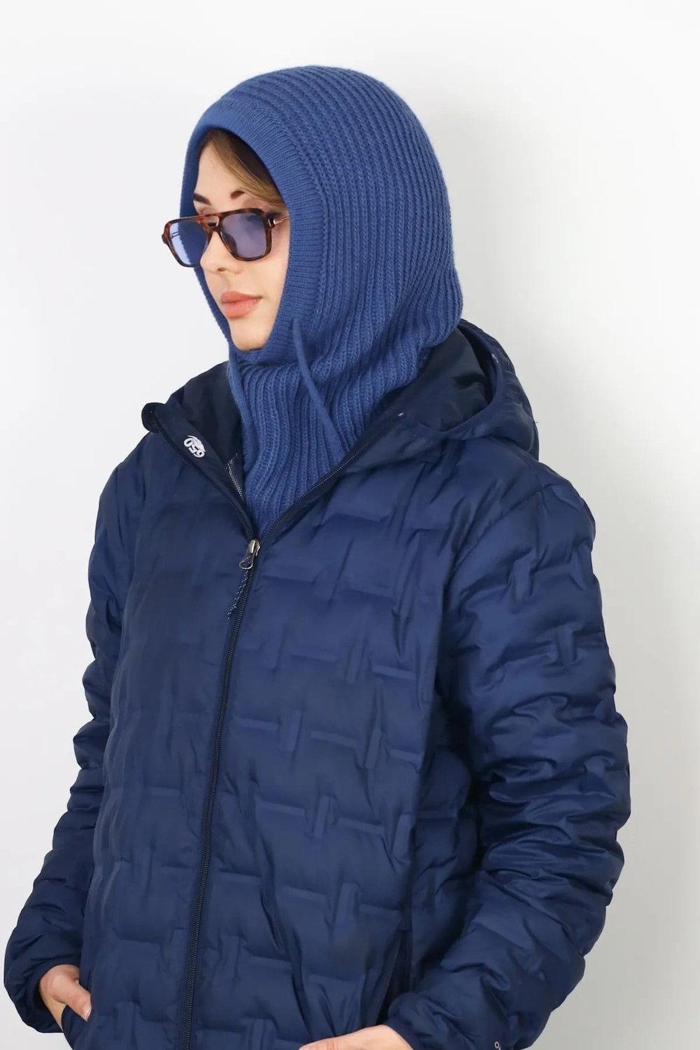 Kadın İpli İndigo Balaclava Triko Bere / Başlık