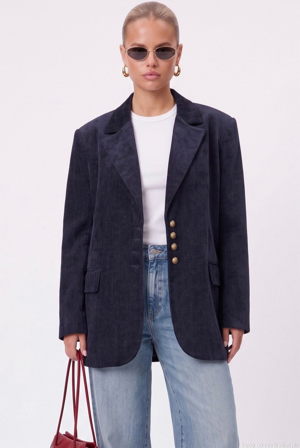 Kadın Jonas Astarlı Cepli İndigo Lux Oversize Blazer Ceket