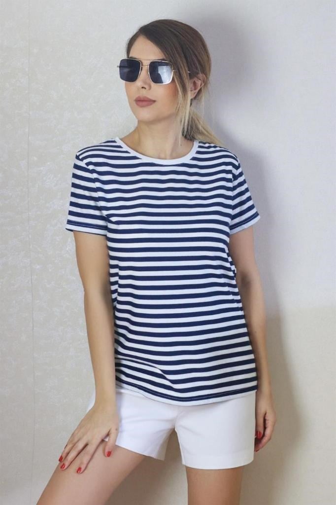 Kadın Lacivert Beyaz Çizgili Basic T-Shirt