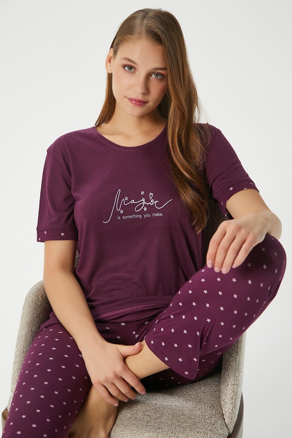 Kadın Magic Viskon Bisiklet Yaka Kısa Kol Mürdüm Alt Üst Pijama Takımı