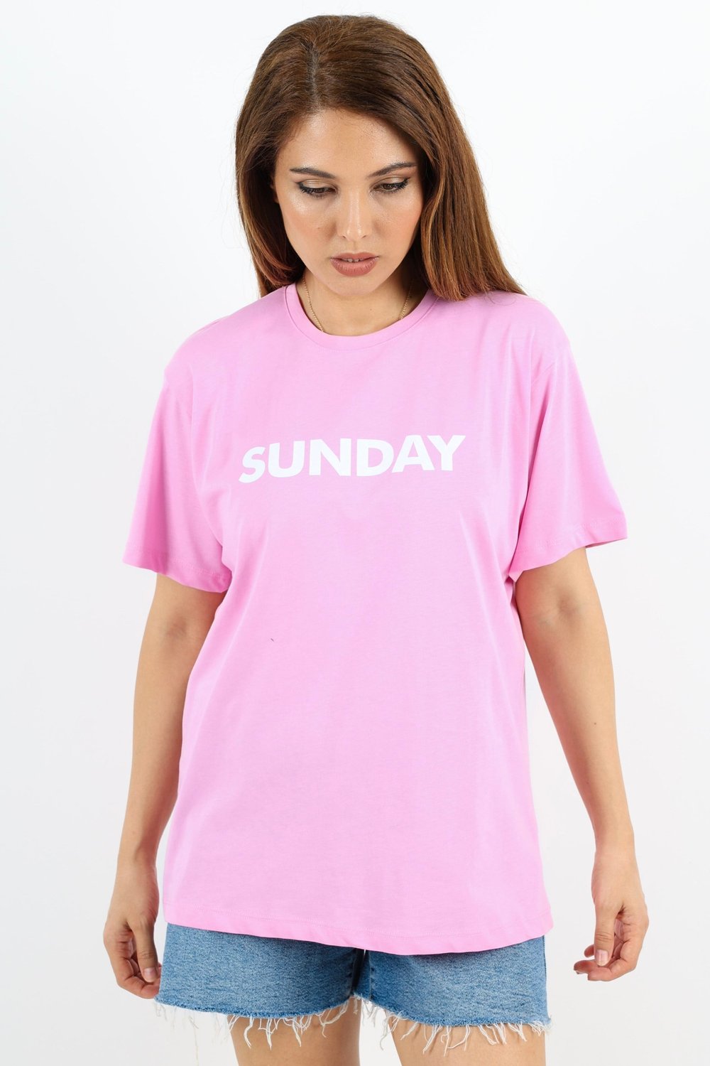 Kadın Motto Yazılı Oversize %100 Pamuk Uzun Pembe T-Shirt