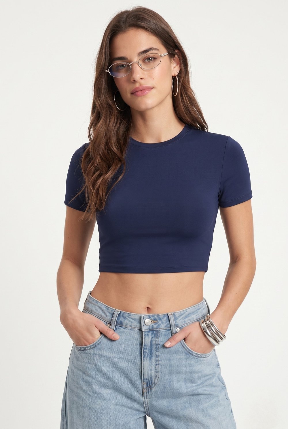 Kadın New Serra %100 Pamuk Lacivert Crop Top
