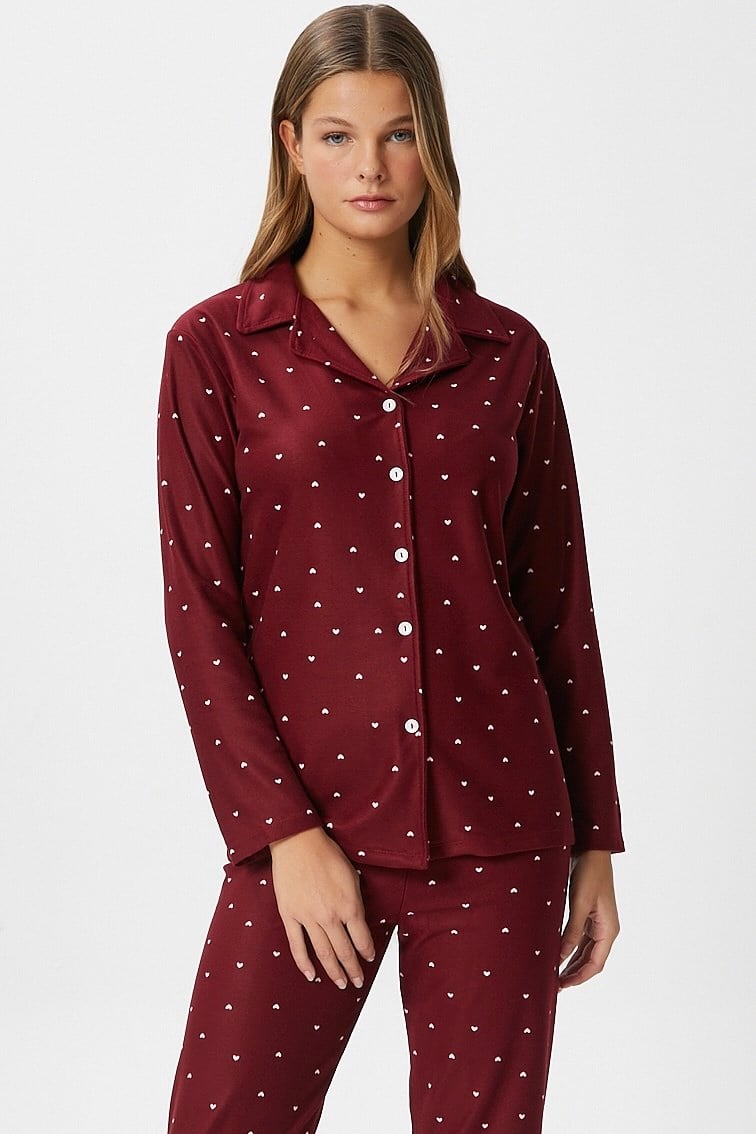 Kadın Nora Premium Bordo Kalp Süet Doku Düğmeli Yılbaşı Pijama Takımı