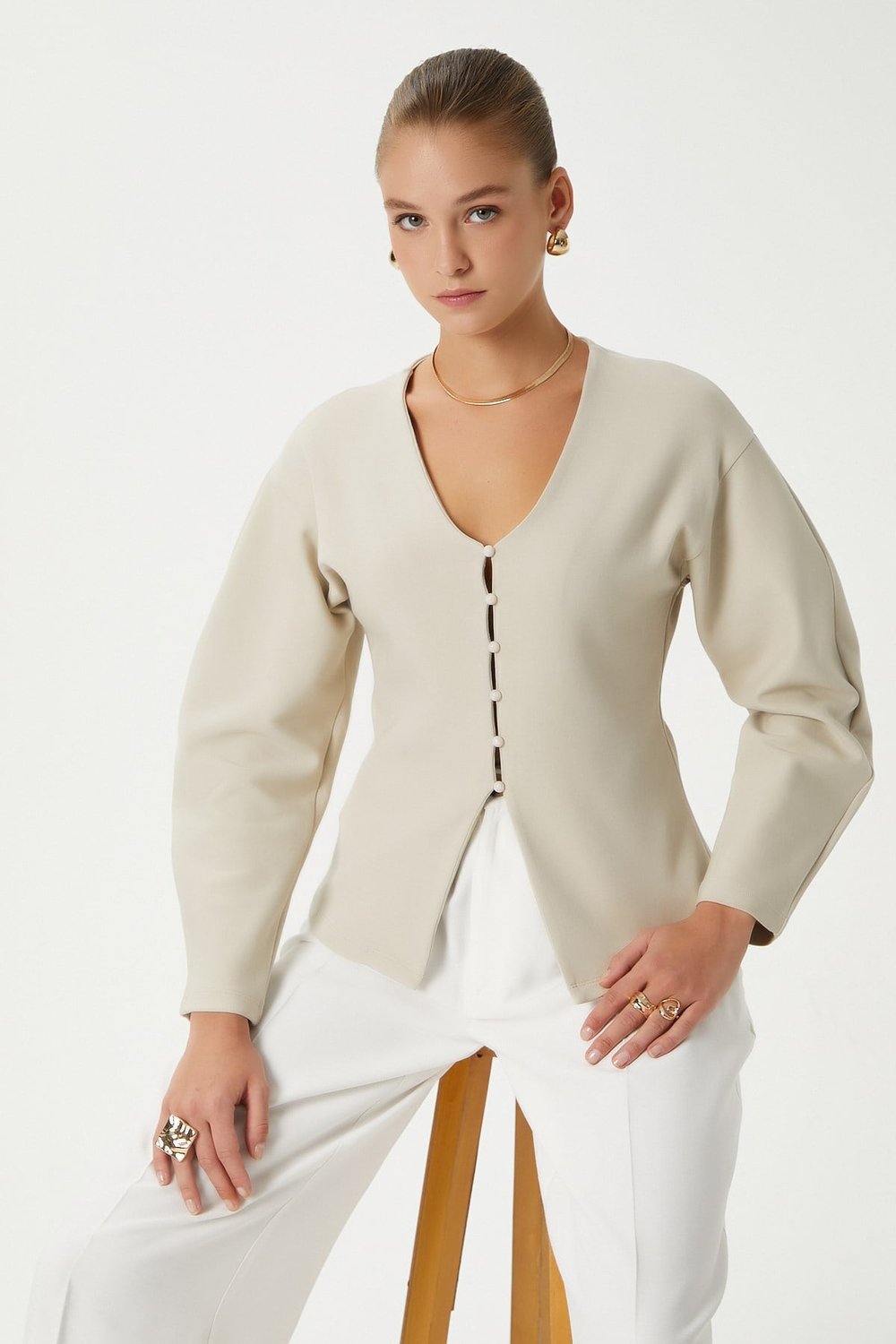 Kadın Osea Premium Bele Oturan Bej Şık Düğme Detay Peplum Bluz