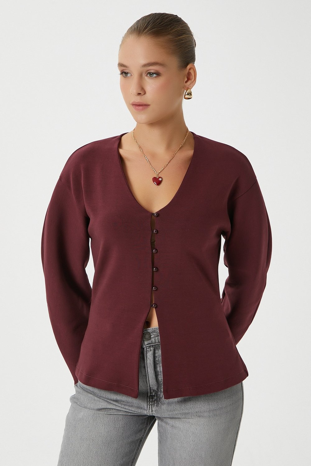 Kadın Osea Premium Bele Oturan Bordo Şık Düğme Detay Peplum Bluz