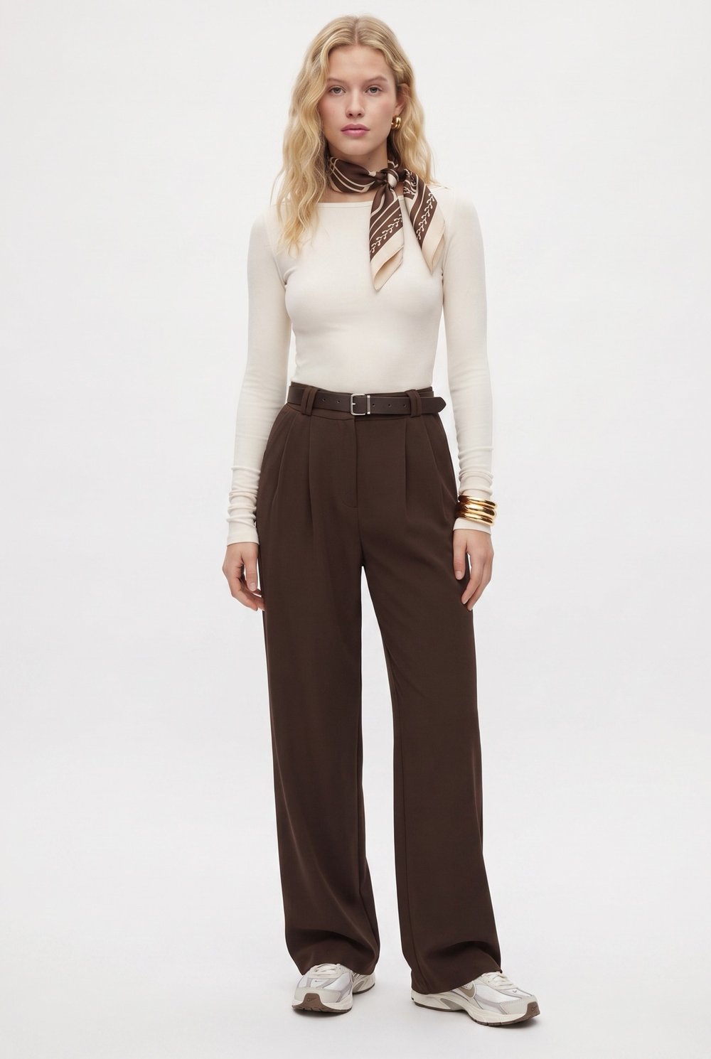 Kadın Rena Kemerli Likralı Kahverengi Palazzo Pantolon