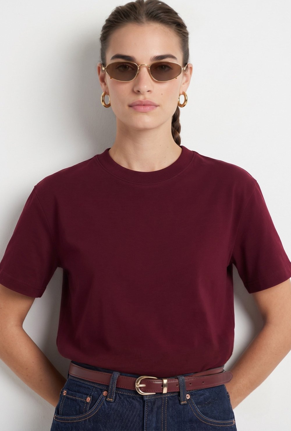 Kadın Rise Dekoratif Yaka Tok Doku %100 Pamuk Bordo T-Shirt