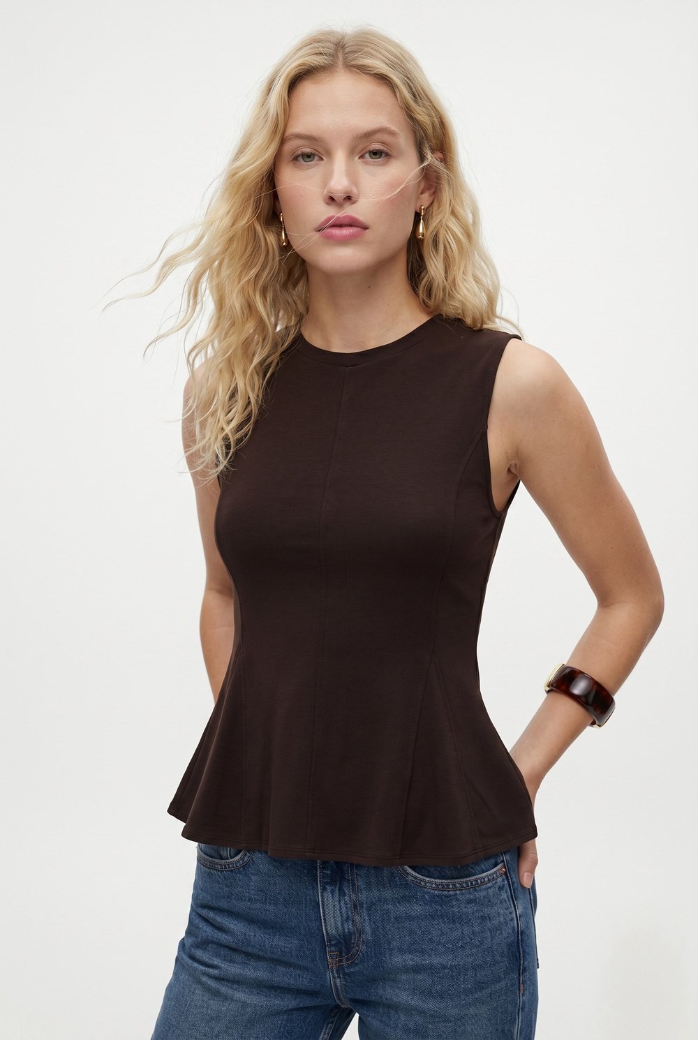 Kadın Rowe %100 Pamuk Peplum Sıfır Kol Kahverengi Bluz
