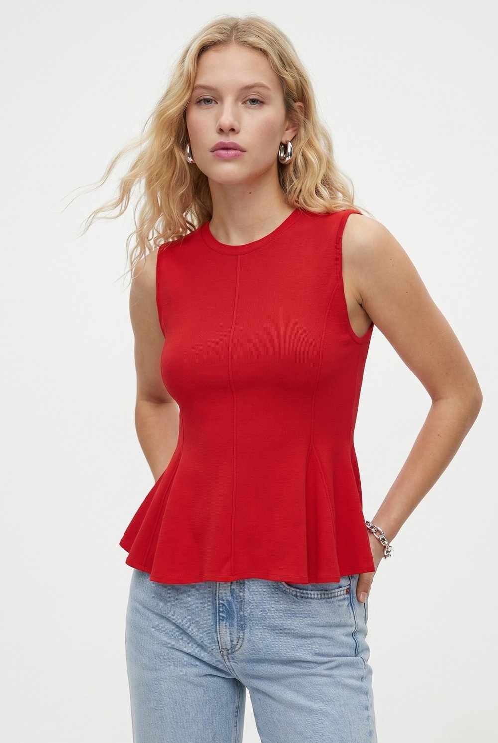 Kadın Rowe %100 Pamuk Peplum Sıfır Kol Kırmızı Bluz