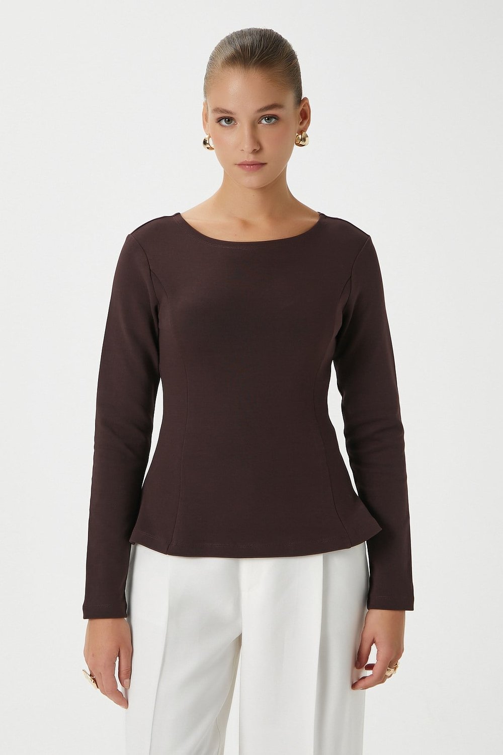 Kadın Runa Premium Kahverengi Peplum Bluz