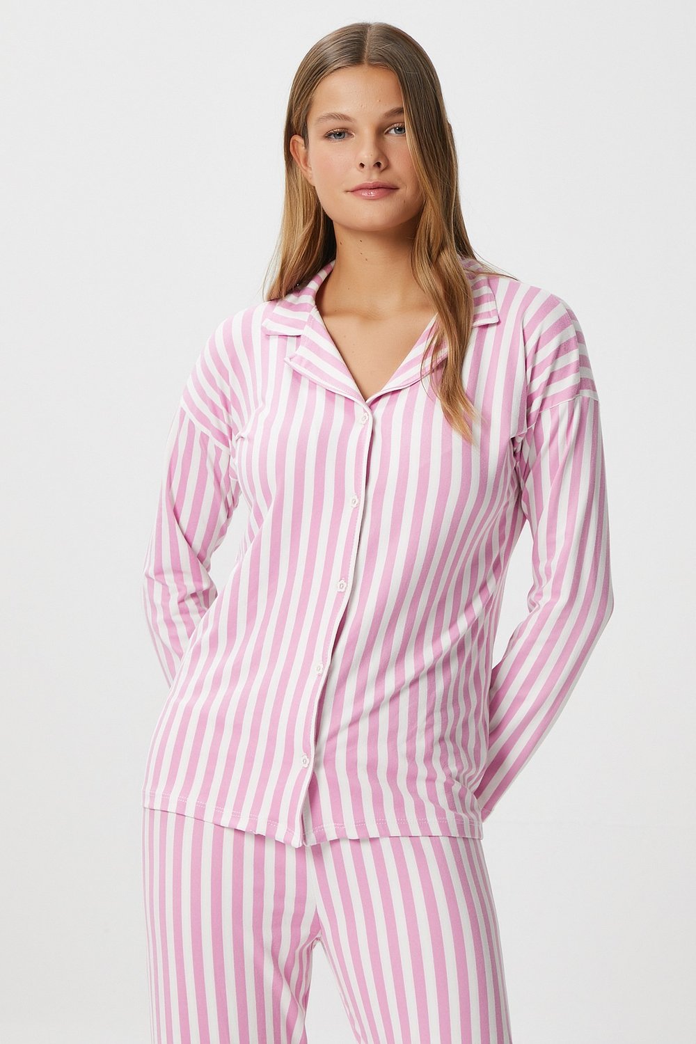 Kadın Secret Extra Soft Pembe Beyaz  Çizgili Pijama Takım