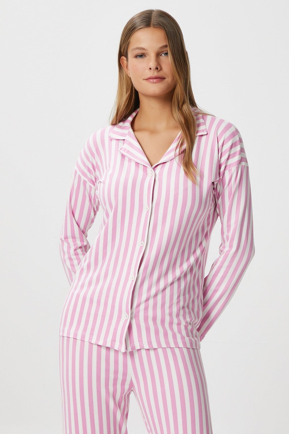 Kadın Secret Extra Soft Pembe Beyaz  Çizgili Pijama Takım