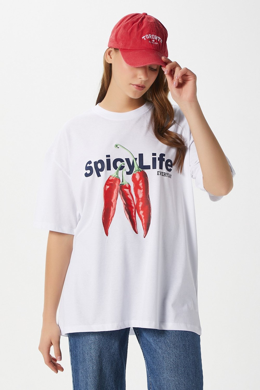 Kadın Spicy Biber Desenli Oversize T-Shirt