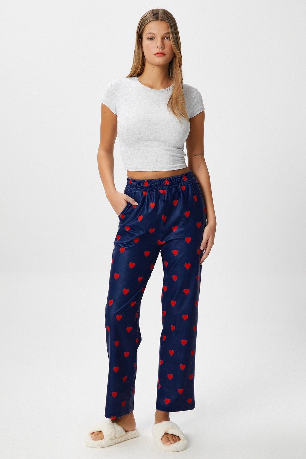 Kadın Teddi Ultra Yumuşak Cepli Lacivert Kalp Desen Yılbaşı Pijama Altı