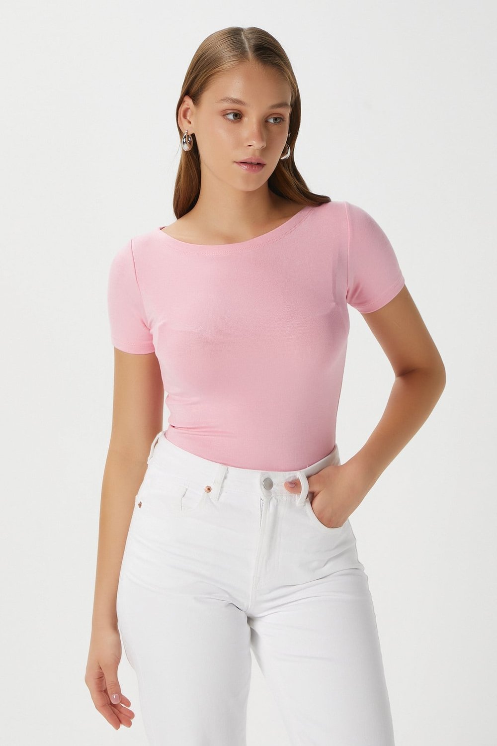 Kadın Velvet Kayık Yaka Lux Touch Yumuşak Doku Kısa Kol Pembe Bluz