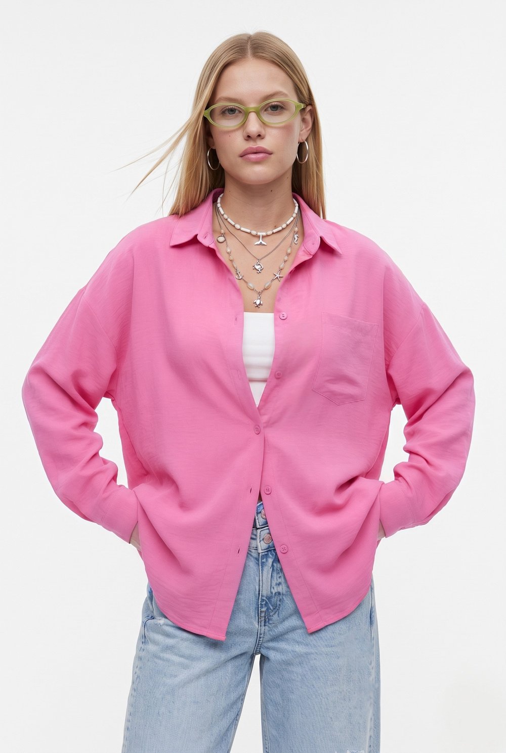 Kadın Well Pembe Keten Gömlek