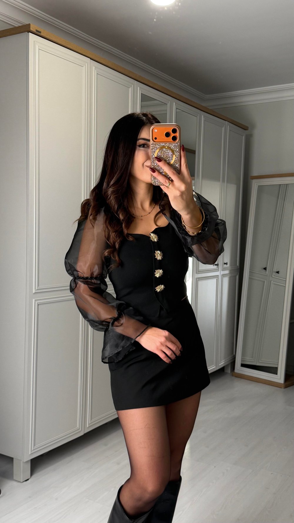 Alessia Gold Düğmeli Kolları Tül Bluz