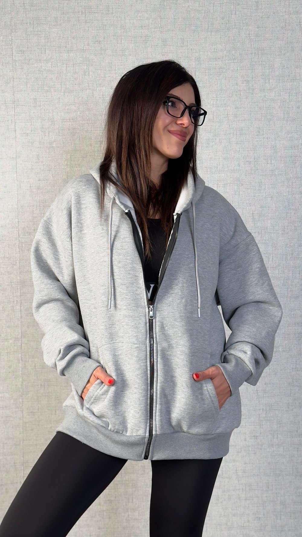 Alina Gri Kapüşonlu Üç İplik Sweatshirt