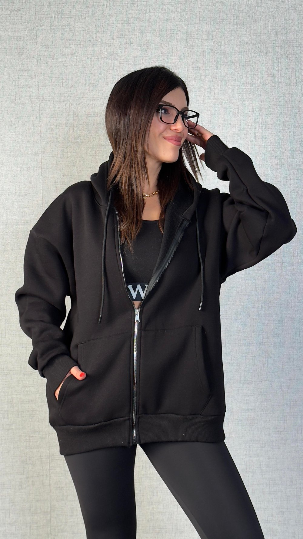 Alina Siyah Kapüşonlu Üç İplik Sweatshirt