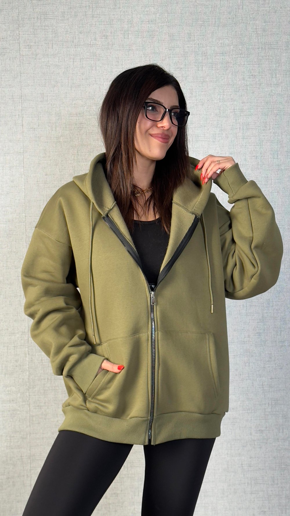 Alina Yeşil Kapüşonlu Üç İplik Sweatshirt
